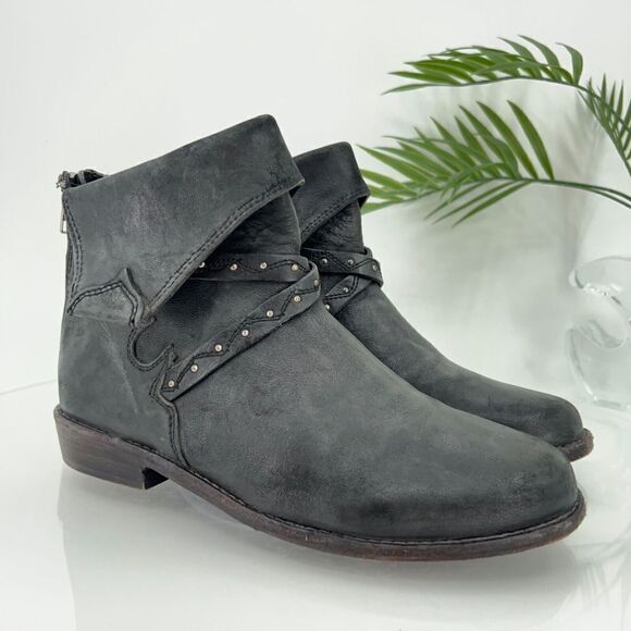Free People 37 US 7 Moto Ankle Boot Bootie Leather Studded Zip Black Boho